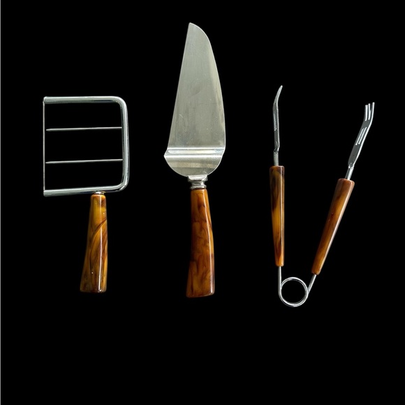 VTG Tortoise Shell 3 Piece Serving Set Cheese Knife Ice Tongs Cake Slicer Party - Picture 1 of 12